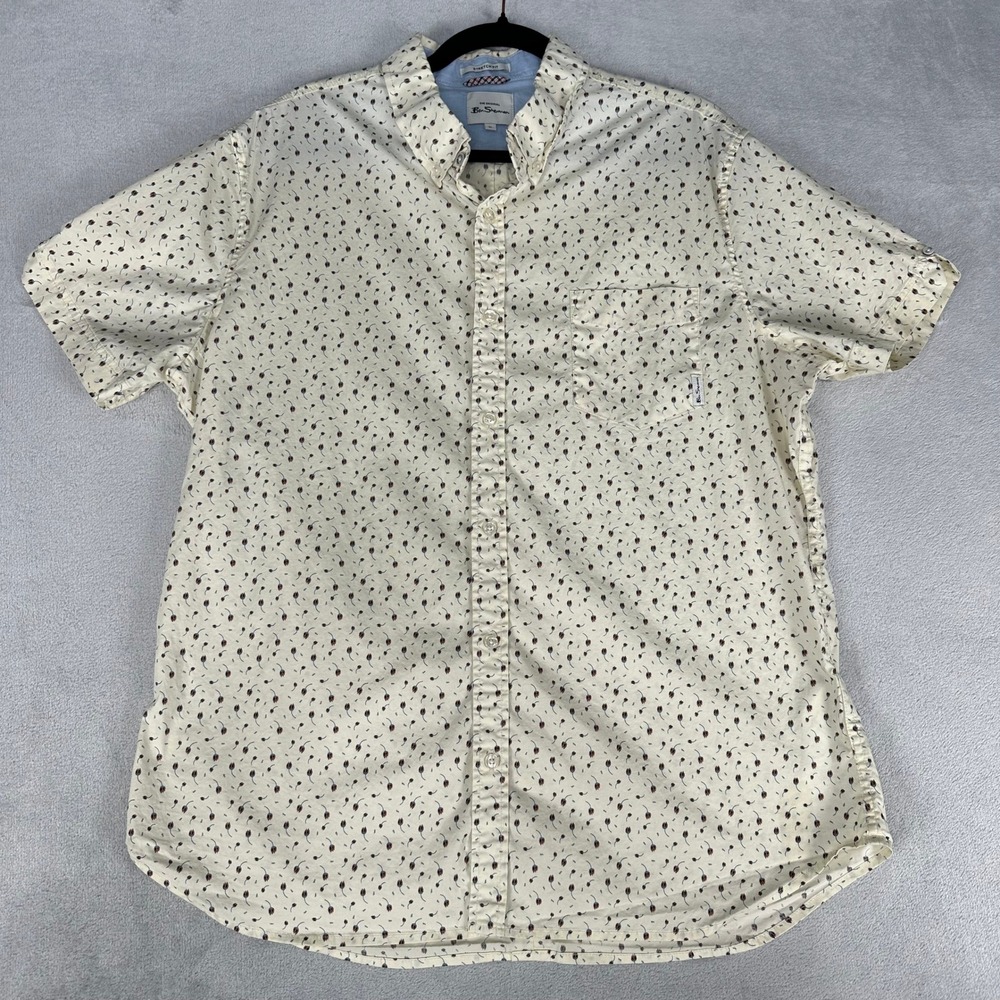 Ben Sherman Shirt Mens XL Ivory Floral Print Stretch Fit Short Sleeve Button Up